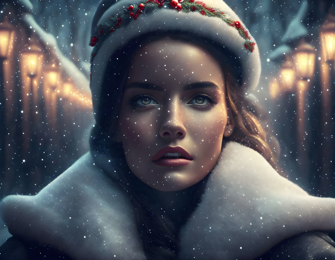 Woman with striking eyes in winter hat and fur collar against snowy backdrop