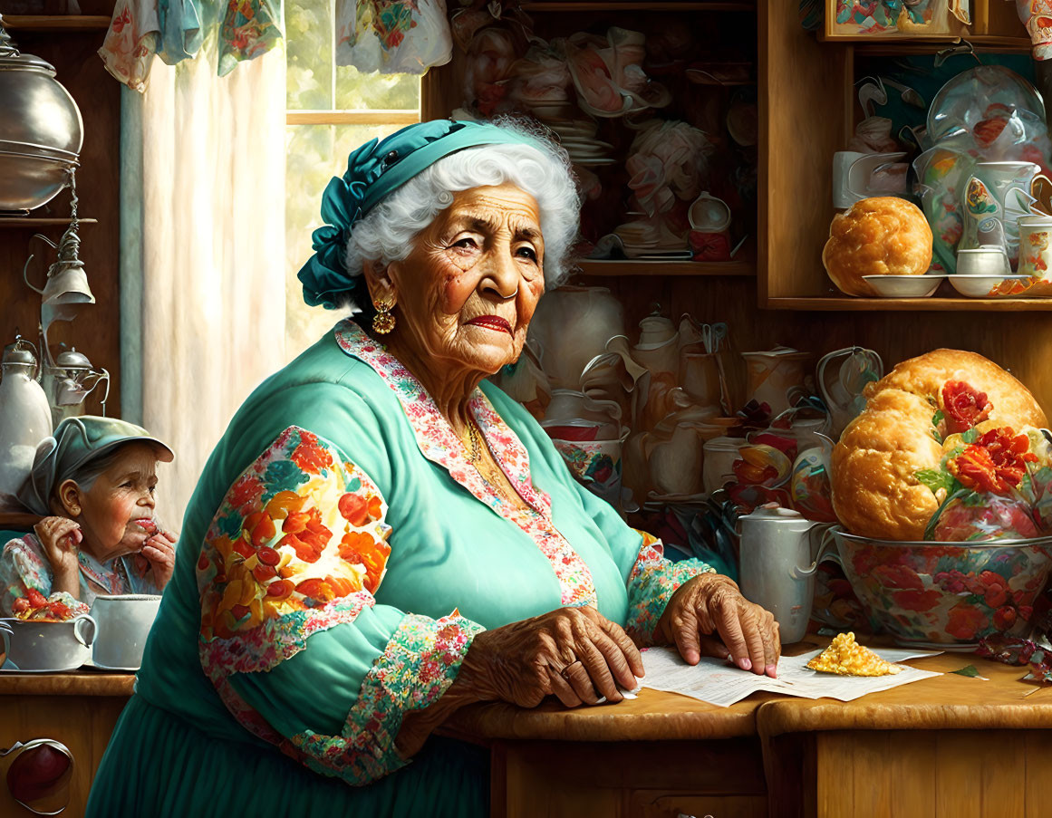 Elderly woman in blue headscarf in sunny kitchen with crockery