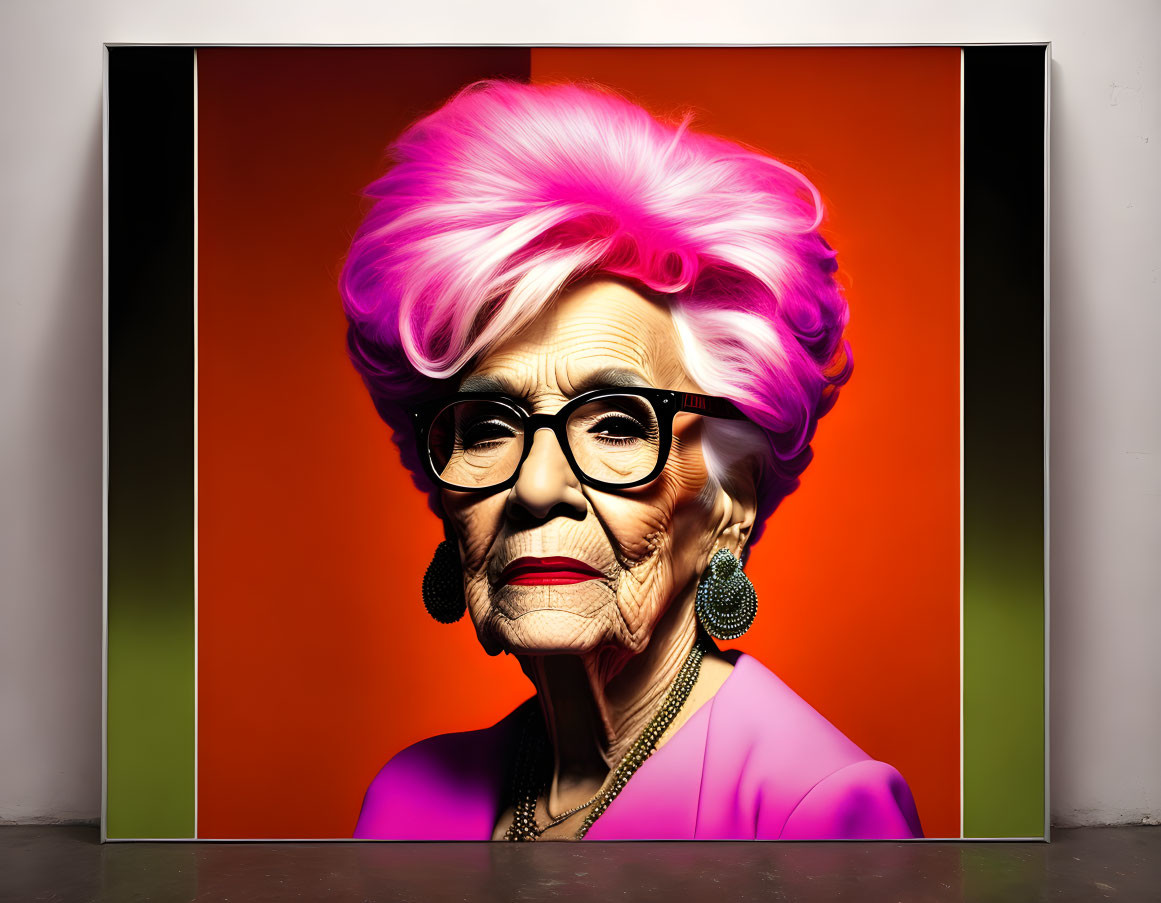 Vibrant portrait of elderly woman with pink hair, glasses, bold makeup on orange backdrop