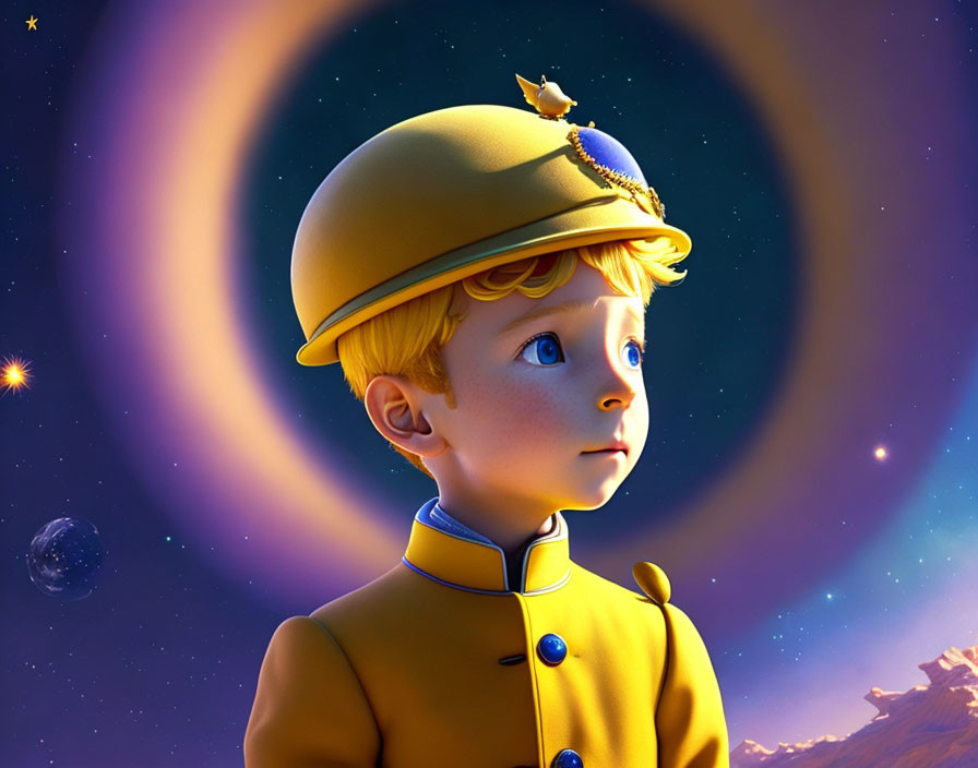 Young boy in yellow uniform with bird in space backdrop