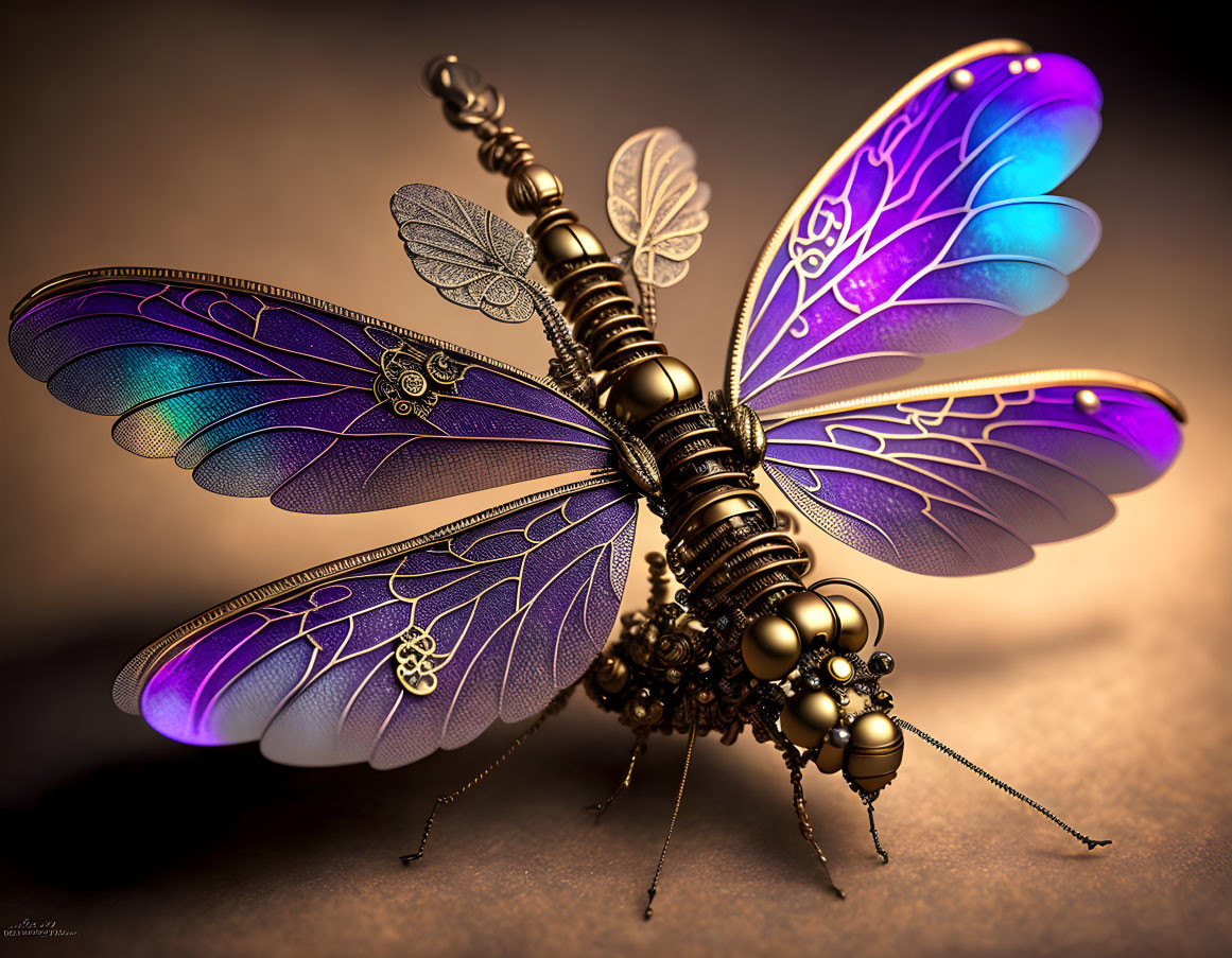 Steampunk mechanical dragonfly with glowing wings and metallic body