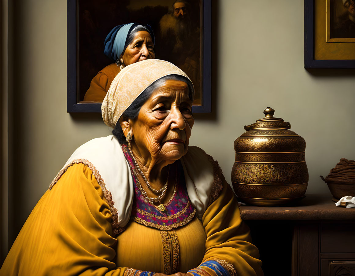 Elderly woman in traditional attire with painting of another woman