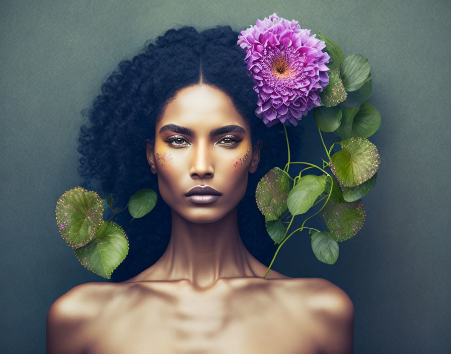 Portrait of a person with curly hair and full lips, featuring pronounced cheekbones and a purple flower on