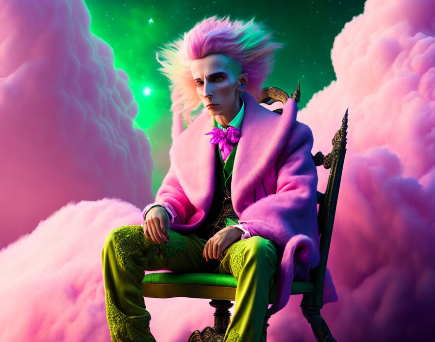 Flamboyant character with pale skin and white hair on throne in pink clouds and green aurora