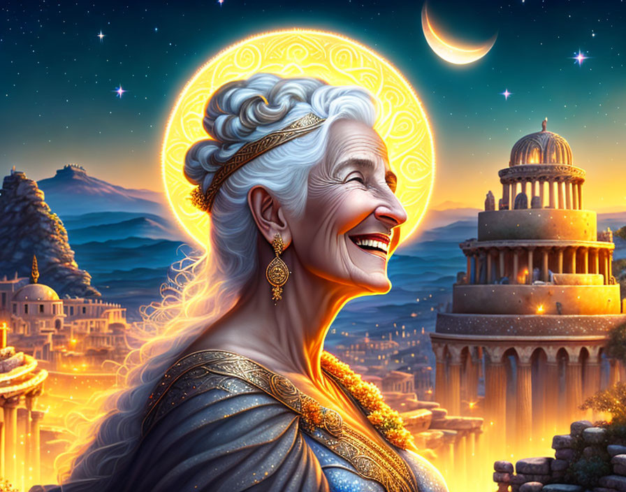 Elderly woman with white hair in regal blue attire smiles against fantastical backdrop