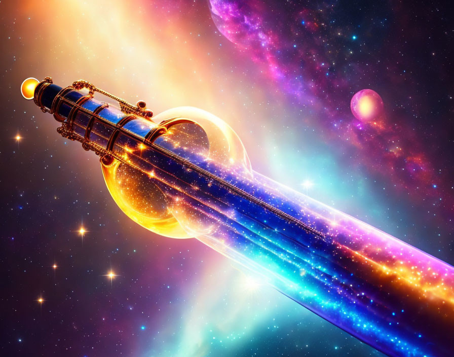 Vibrant futuristic guitar neck in cosmic space