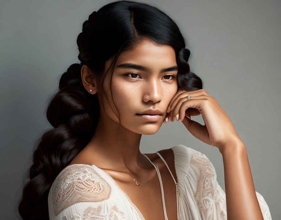 Woman in white lace dress with side-swept braid and stud earrings gazes thoughtfully