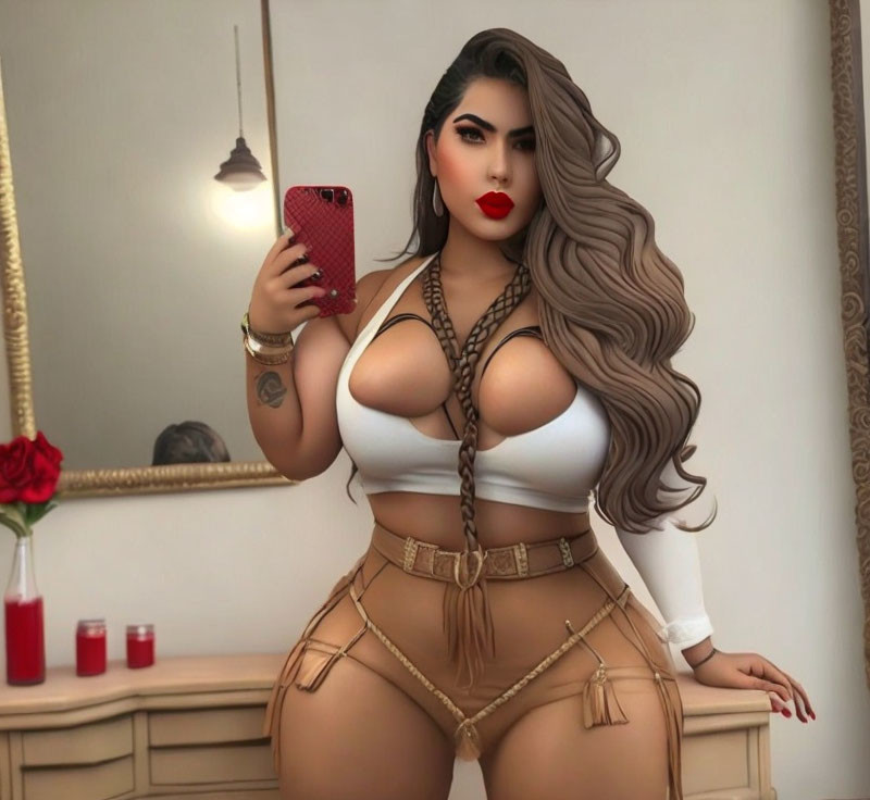 Illustration of voluptuous female character in white top and beige shorts capturing a selfie