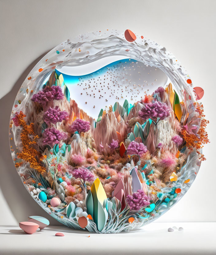 Vibrant 3D art: Colorful undersea scene with coral structures in water bubble