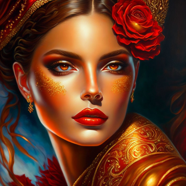 Vivid portrait of woman with red lipstick, rose in hair, golden attire.