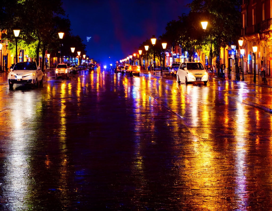 City night scene: Rainy street with reflections, parked cars, and moving vehicles