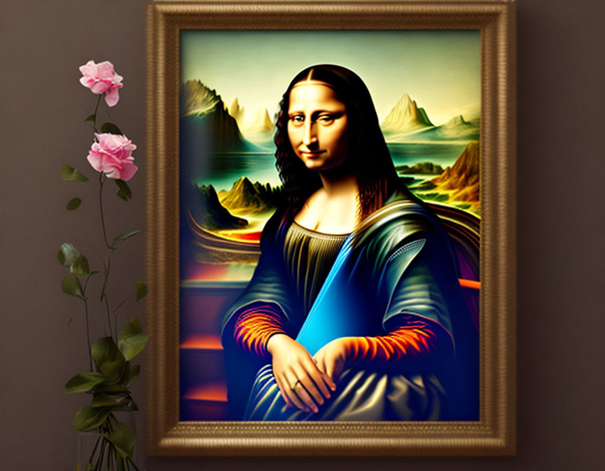 Framed Mona Lisa with surreal background and blooming rose on wall