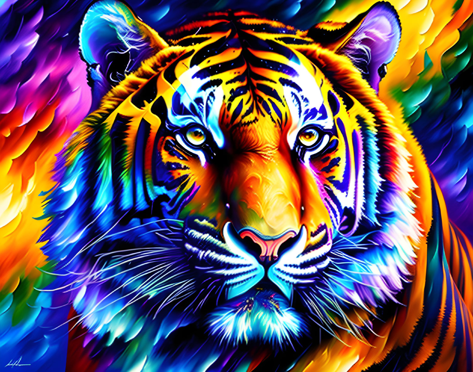 Colorful Tiger Face Artwork with Psychedelic Vibes