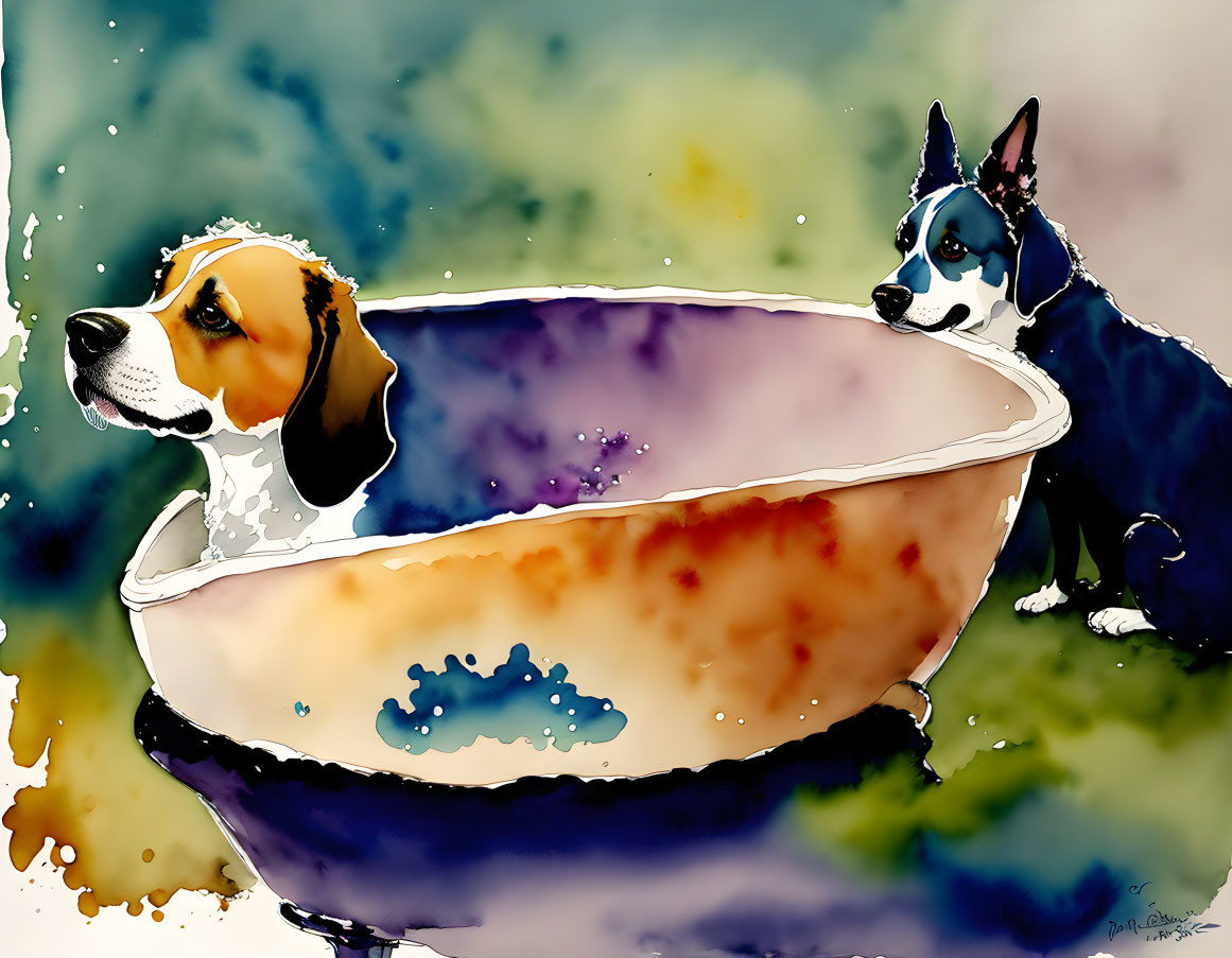 Vibrant Watercolor Illustration of Dogs in Bathtub