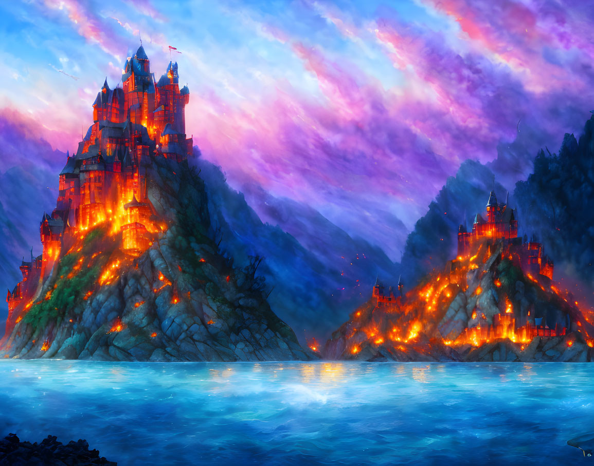 Fantastical illuminated castle on cliff with dramatic sky and water reflections