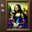 Framed Mona Lisa with surreal background and blooming rose on wall