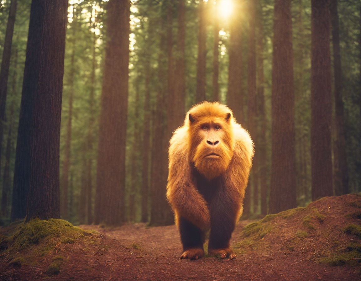 Surreal forest scene: fluffy lion-faced creature on path