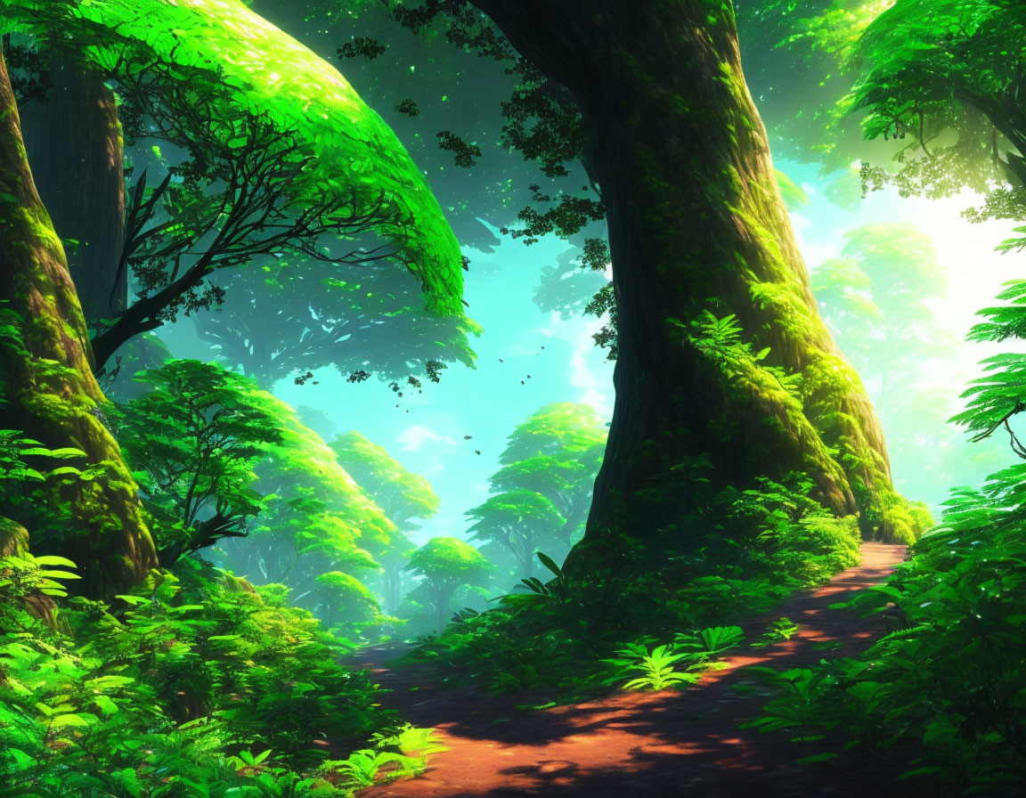 Lush green forest with towering trees and dappled light.