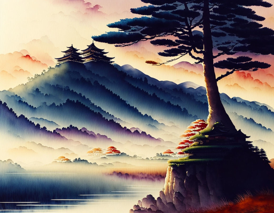 Asian landscape painting: Layered mountains in purple and orange with tree and pagoda