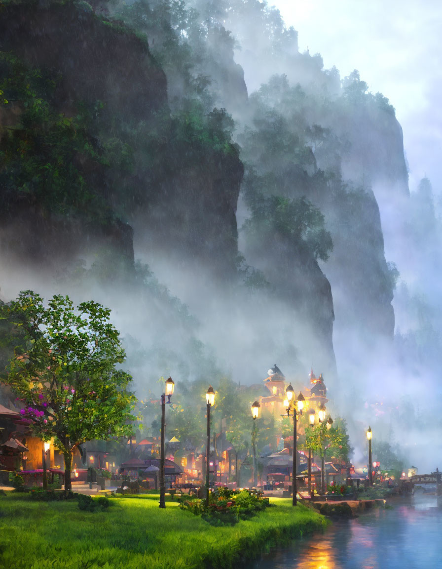 Twilight riverside scene: misty cliffs, lantern-lit paths, lush greenery, tranquil