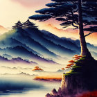 Asian landscape painting: Layered mountains in purple and orange with tree and pagoda