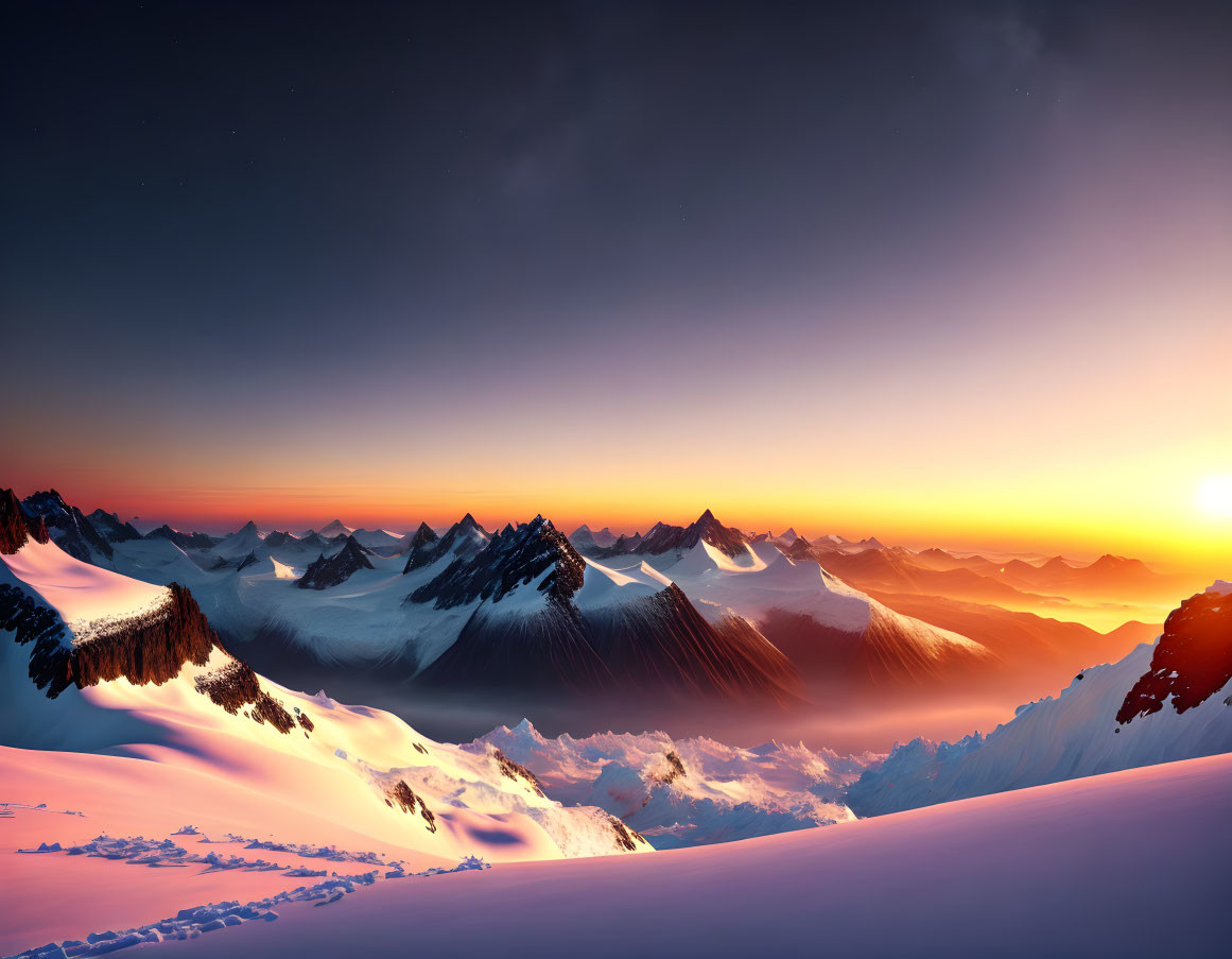 Vibrant sunset mountain vista with snowy peaks at dusk