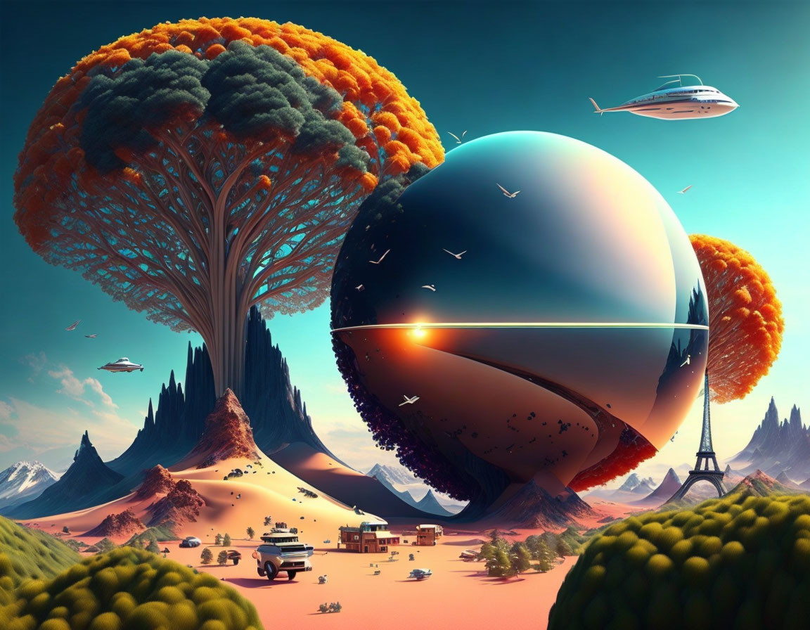 Surreal landscape with bifurcated reflective sphere, giant trees, helicopters, birds, and