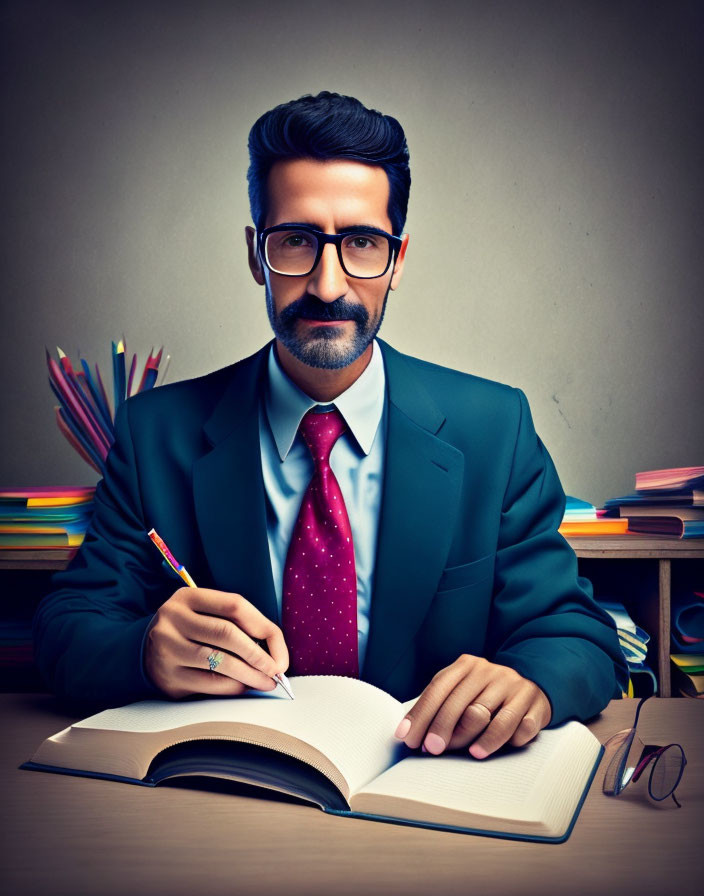 Professional man in blue suit and red tie writing at desk with colorful bookshelves.