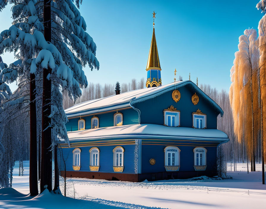 Blue wooden building with golden spire in snowy landscape