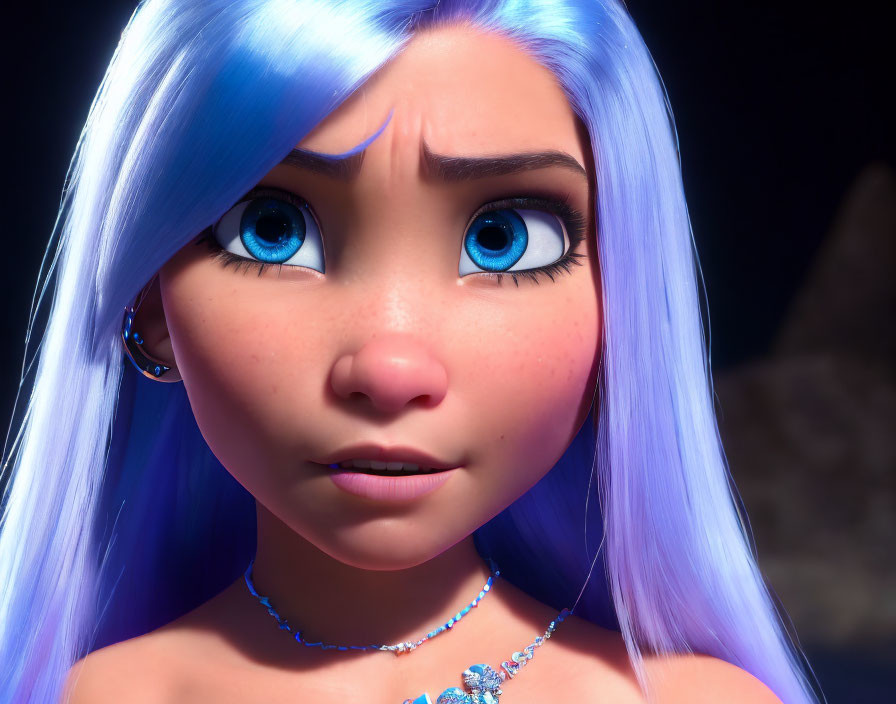 Detailed 3D animated character with blue hair and eyes