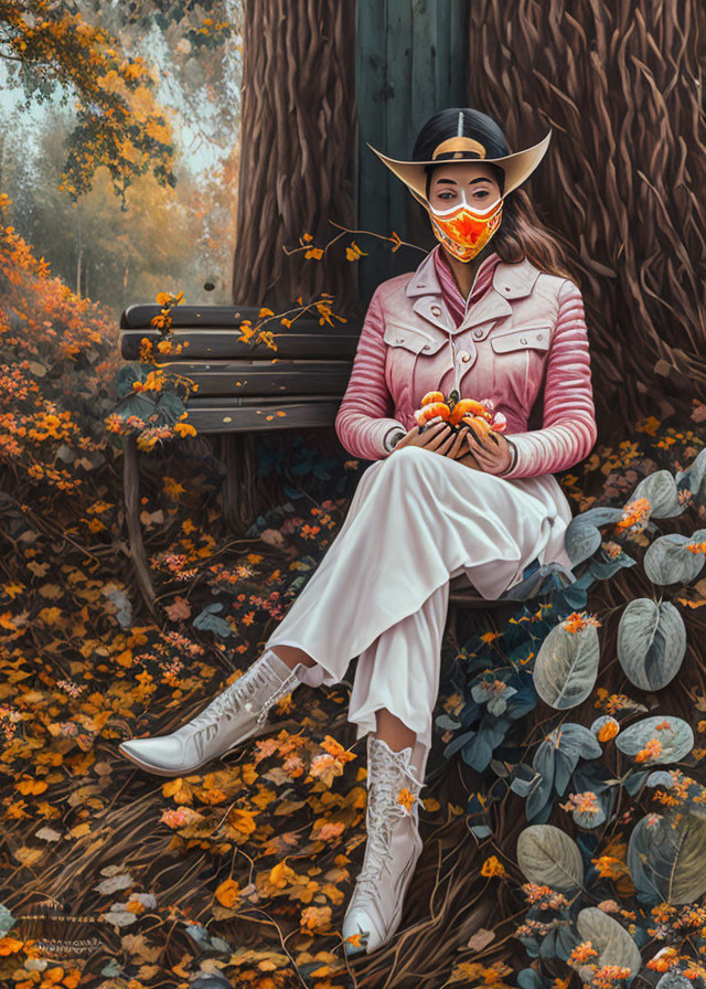 Illustration of person in wide-brimmed hat and mask with pumpkin in autumn forest