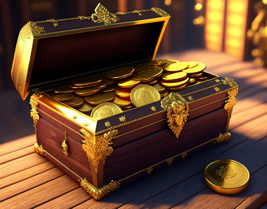 Open treasure chest with gold coins on wooden surface