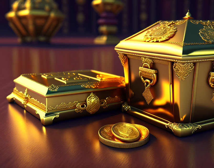 Golden treasure chest and coins on polished wooden surface in soft lighting