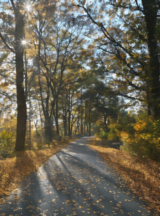 Autumn forest road with sunbeams and fallen leaves