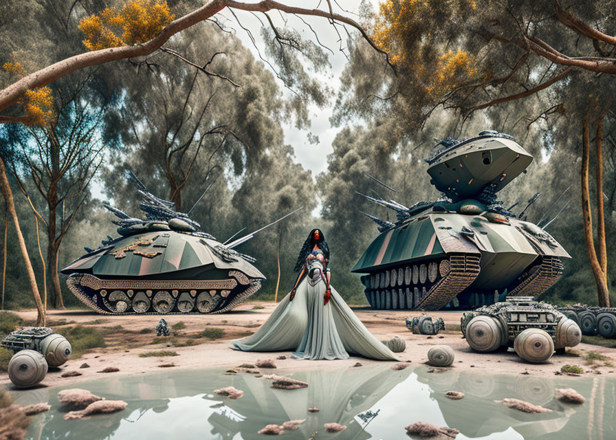 Stylized warrior woman between futuristic tanks in forest with drones.