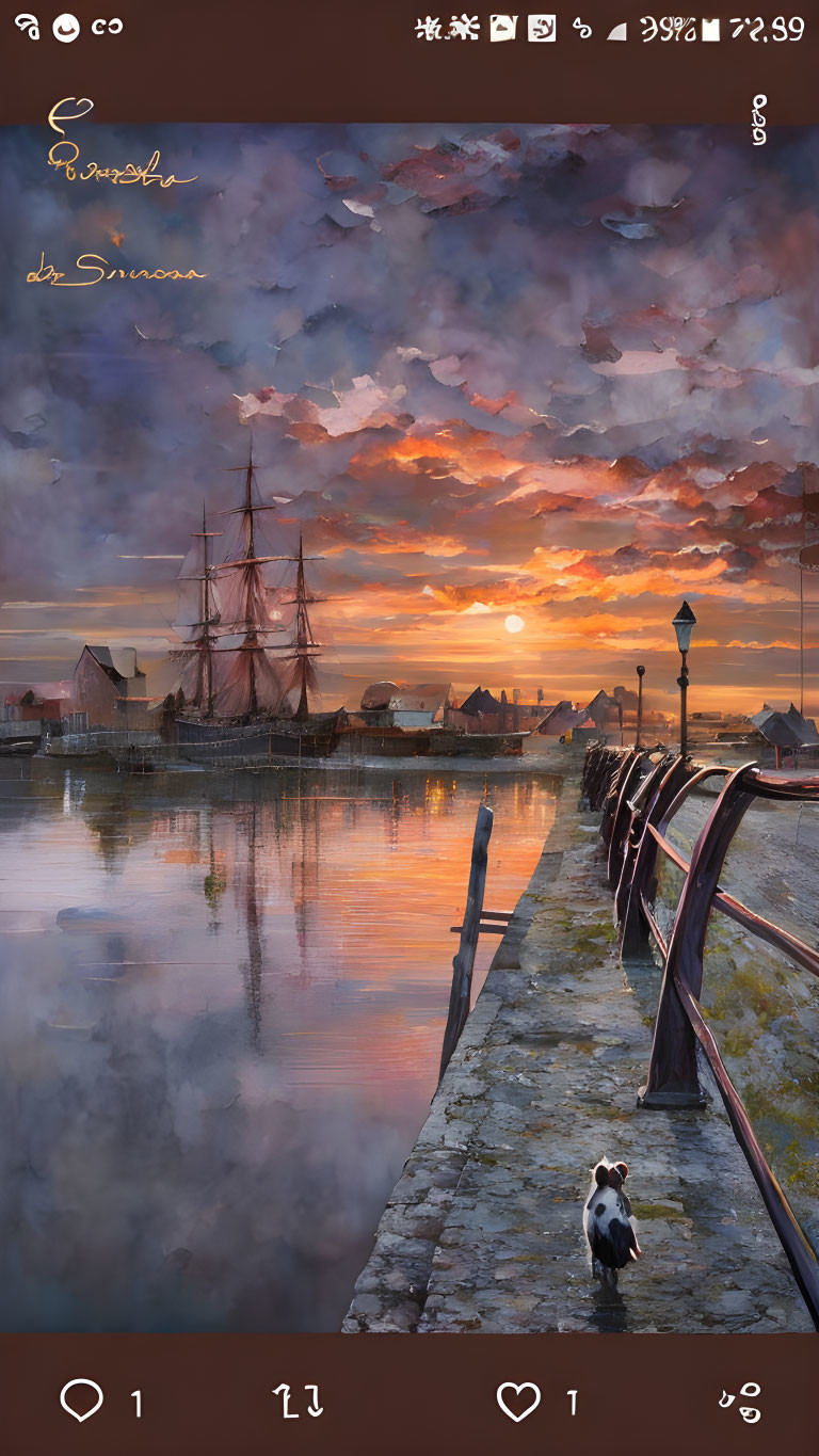 Tranquil harbor scene with tall ship, calm waters, lone dog, and glowing streetlamp