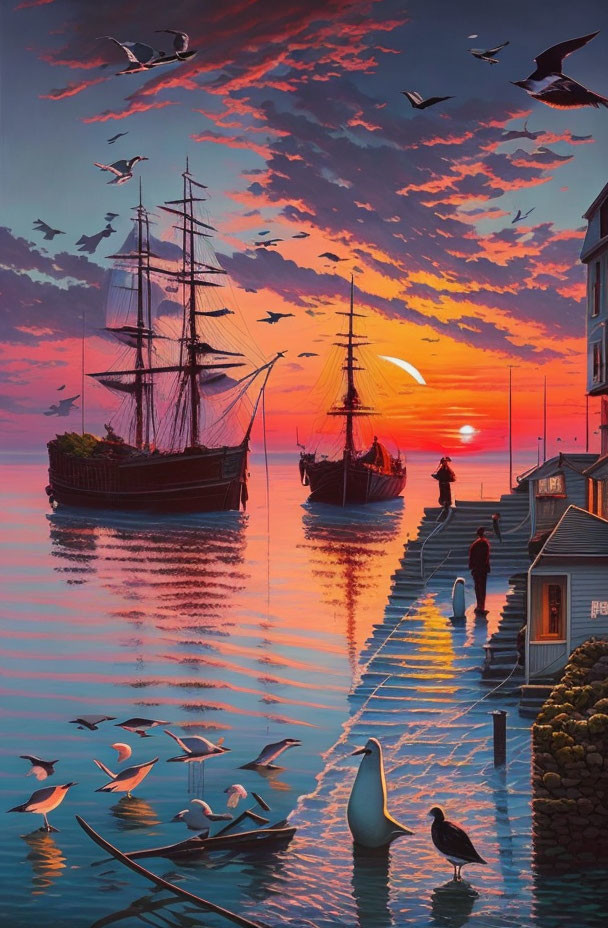 Harbor sunset scene with sailing ships, vibrant sky, birds, and people on dock