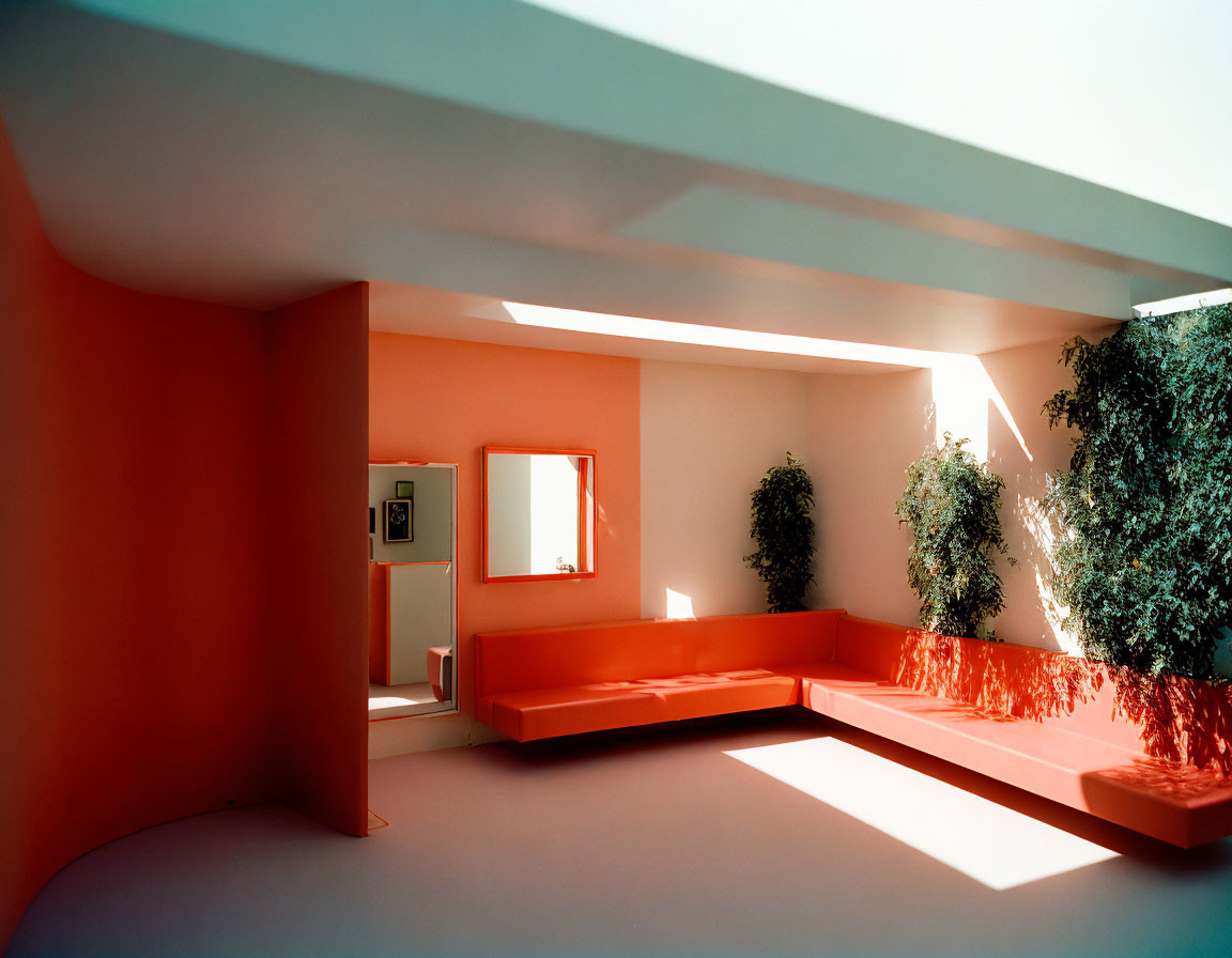 Contemporary Room with Orange Walls, Sunlit Window, and Green Plants