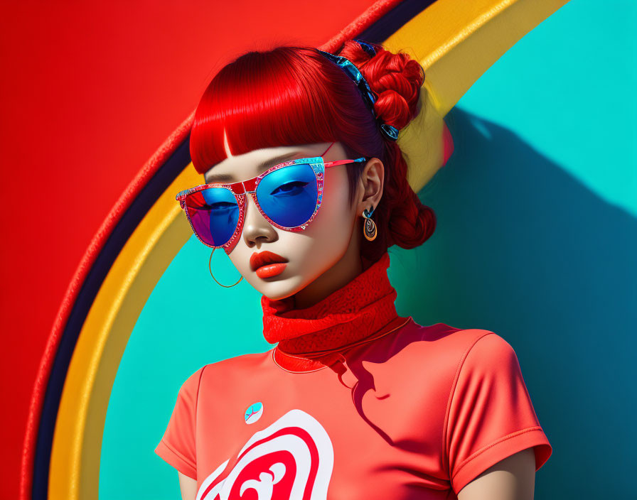 Red-haired woman in bun hairstyle with colorful sunglasses, turtleneck, and graphic tee on vibrant backdrop