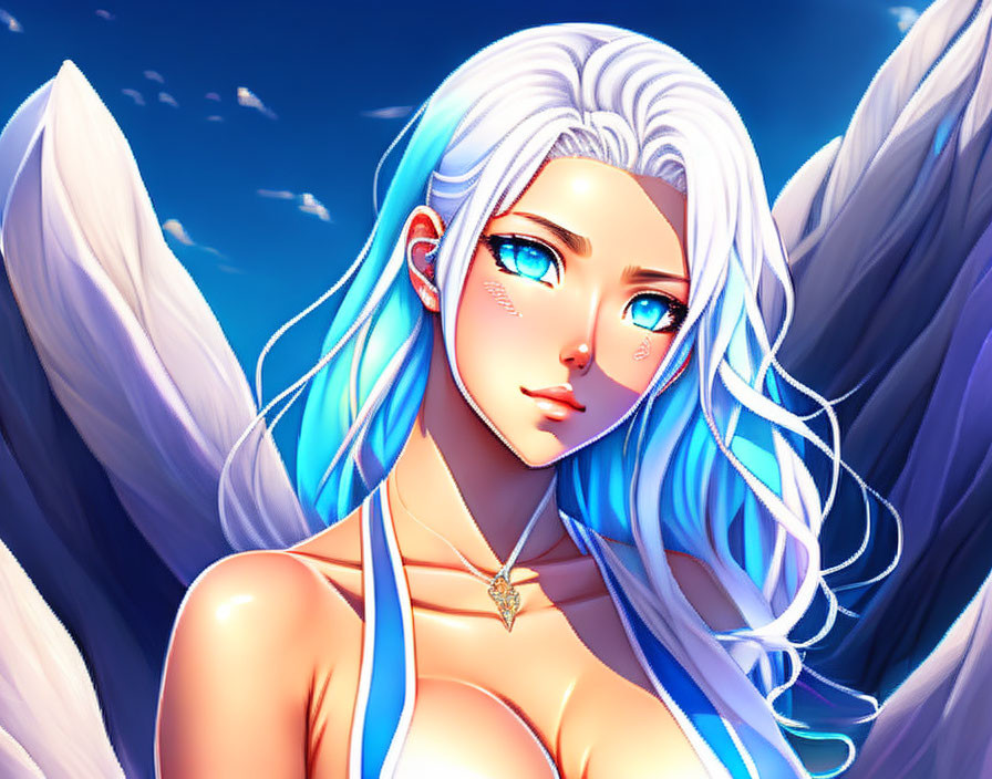 Character with White-Blue Hair and Angel Wings in Blue Sky