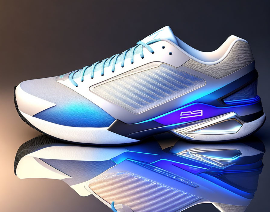 Blue and White Reflective Sports Shoe with Sleek Design and Branding