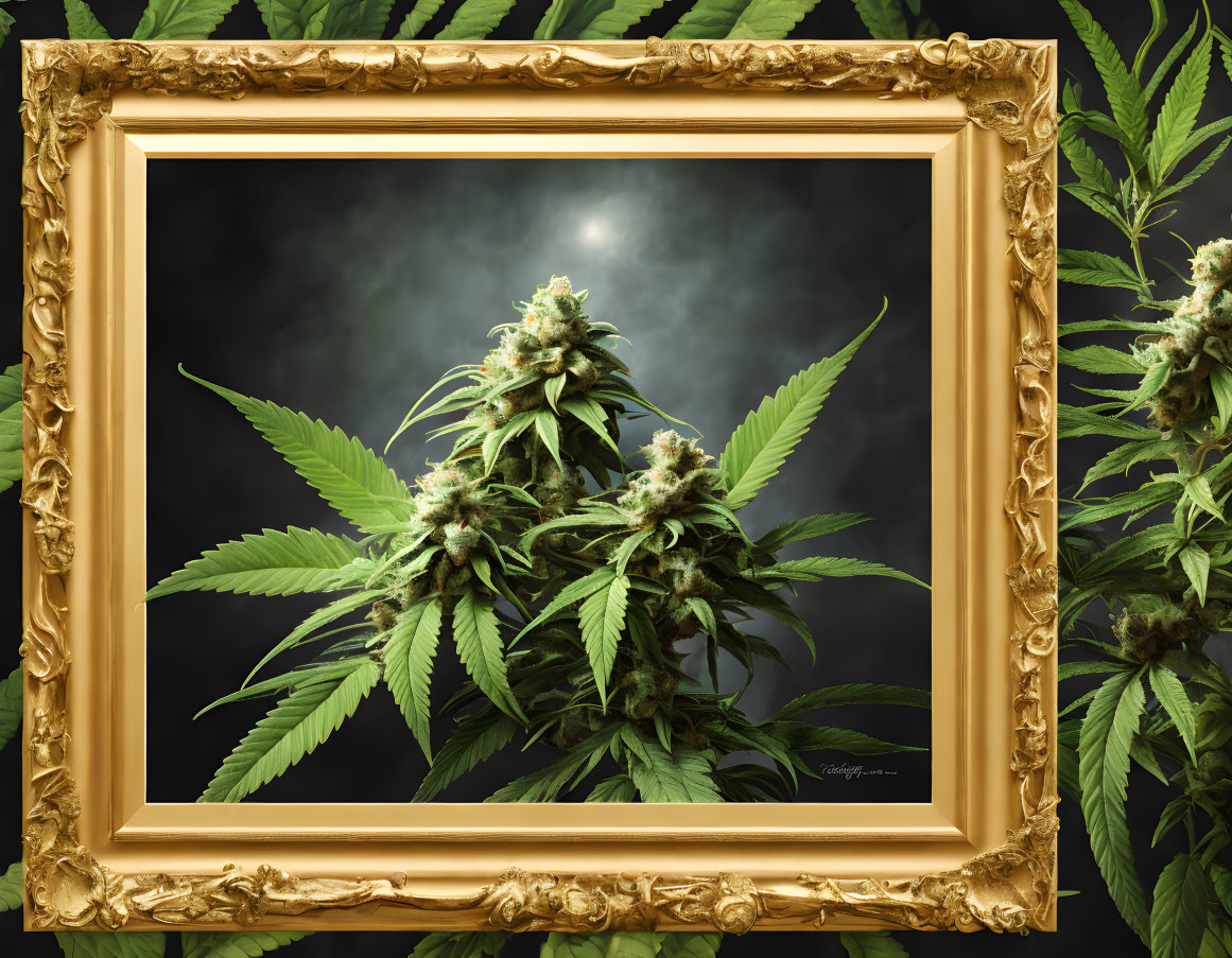 Framed cannabis plant with moon backdrop and intricate details