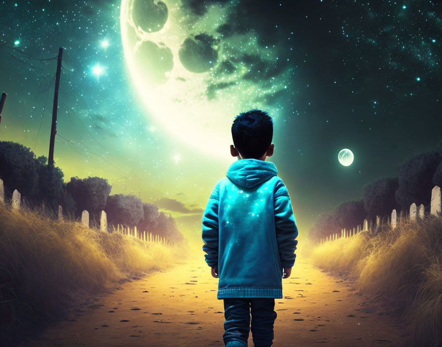 Child in Blue Jacket Gazes at Surreal Night Sky with Two Moons