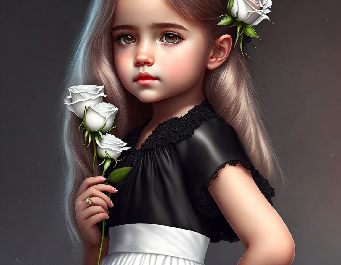 Digital art of young girl with silver hair holding white roses in black lace dress