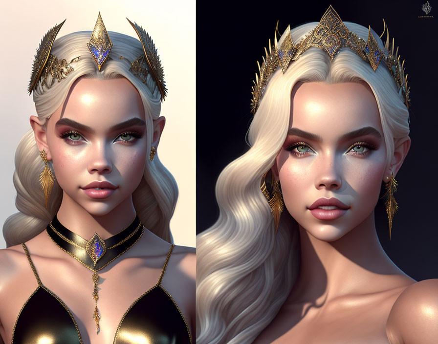 Digital portrait of woman with platinum blonde hair, golden spiked crown, dramatic makeup, and jewel pendant.