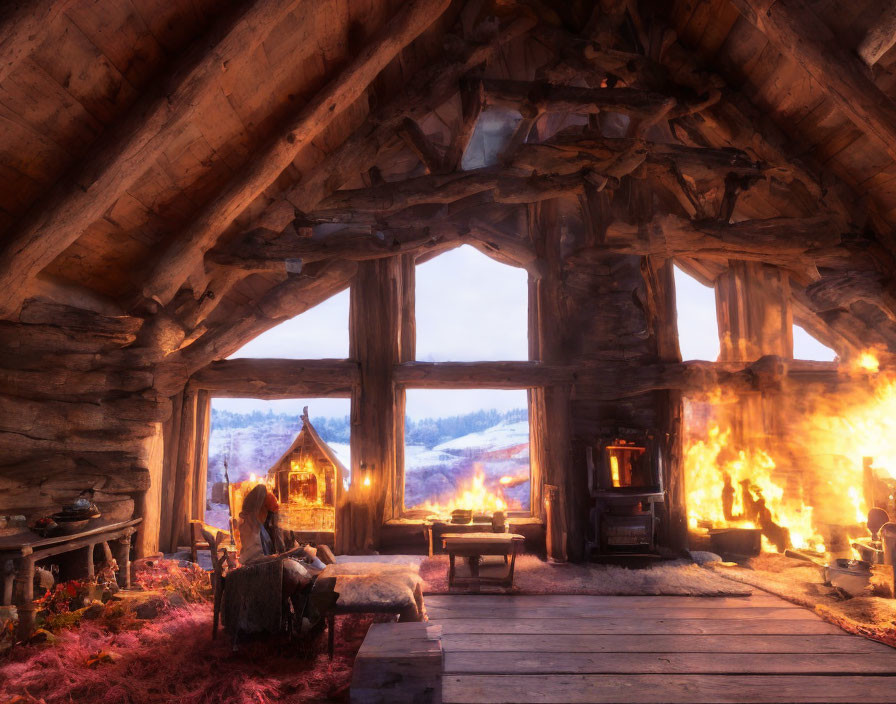 Rustic wooden attic with large windows, fireplace, snowy sunset view