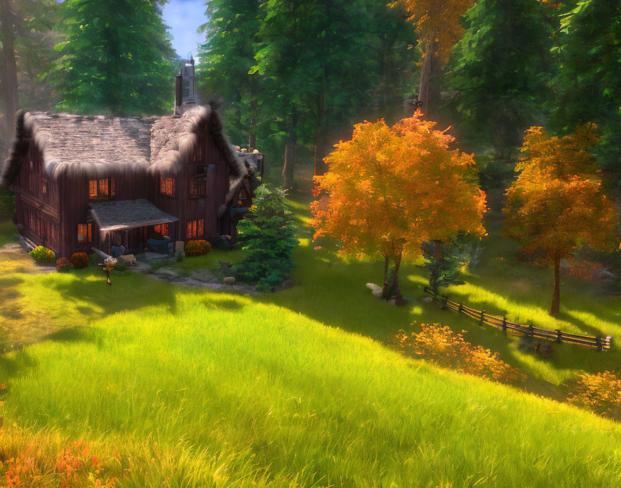 Rustic wooden cottage with thatched roof in vibrant autumn forest