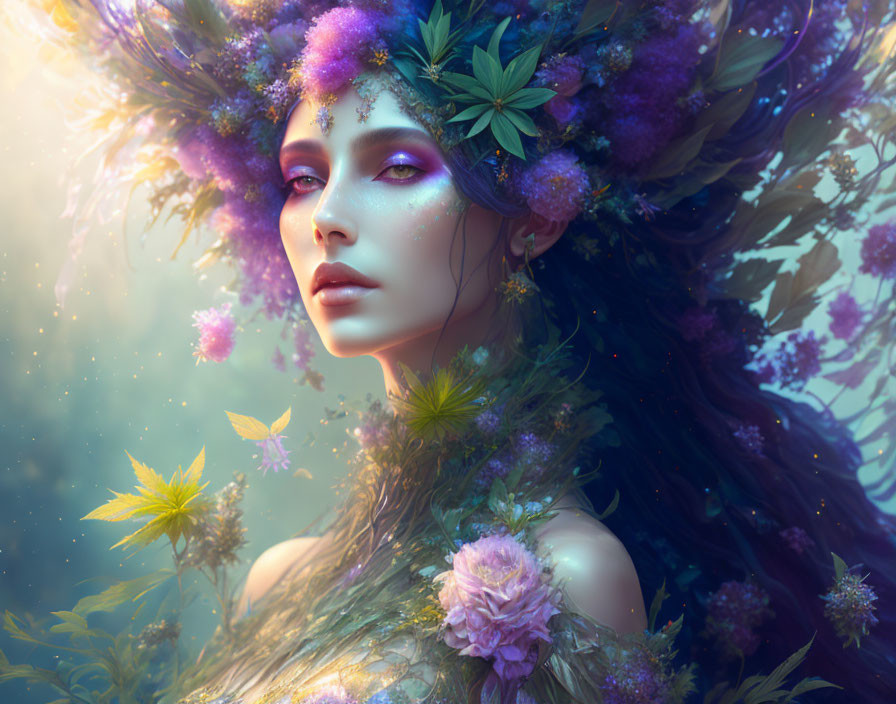 Woman with Vibrant Floral Headdress Surrounded by Lush Greenery