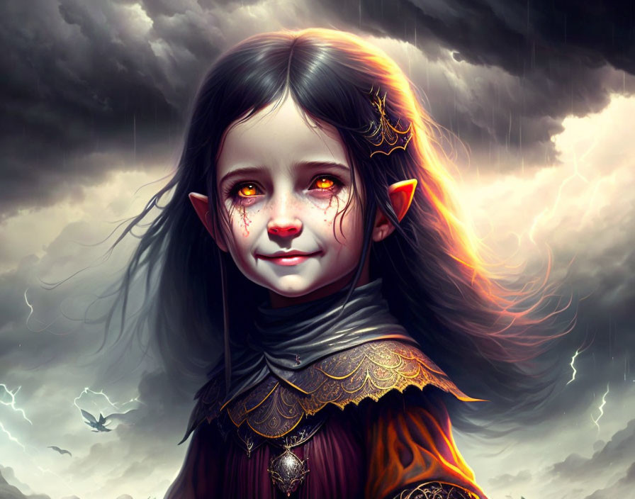 Digital Artwork: Young Girl with Elfin Features in Dark Ornate Clothing