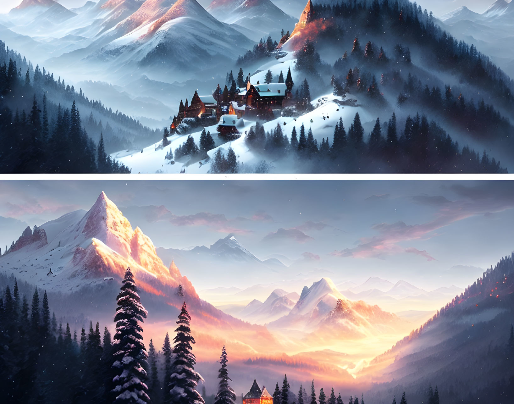 Snowy Mountain Landscape: Twilight Scene with Cozy Chalets and Pine Trees